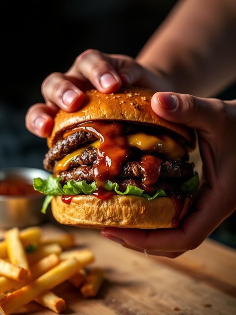 Hands holding a massive burger