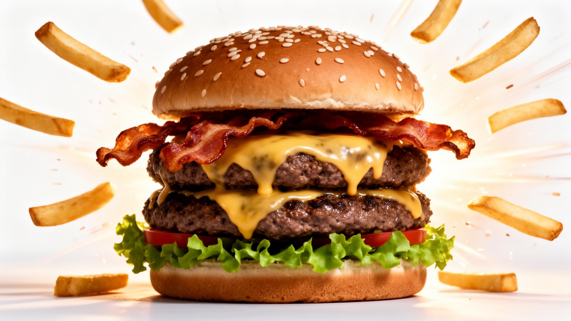 Massive juicy double cheeseburger with bacon and flying fries